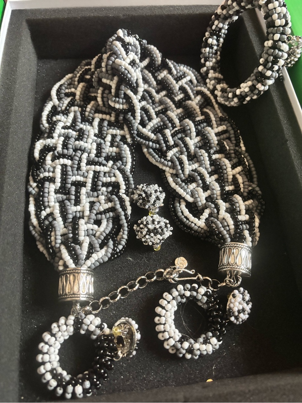 Sassy Jones Black, White & Gray Braided Beaded Necklace Set